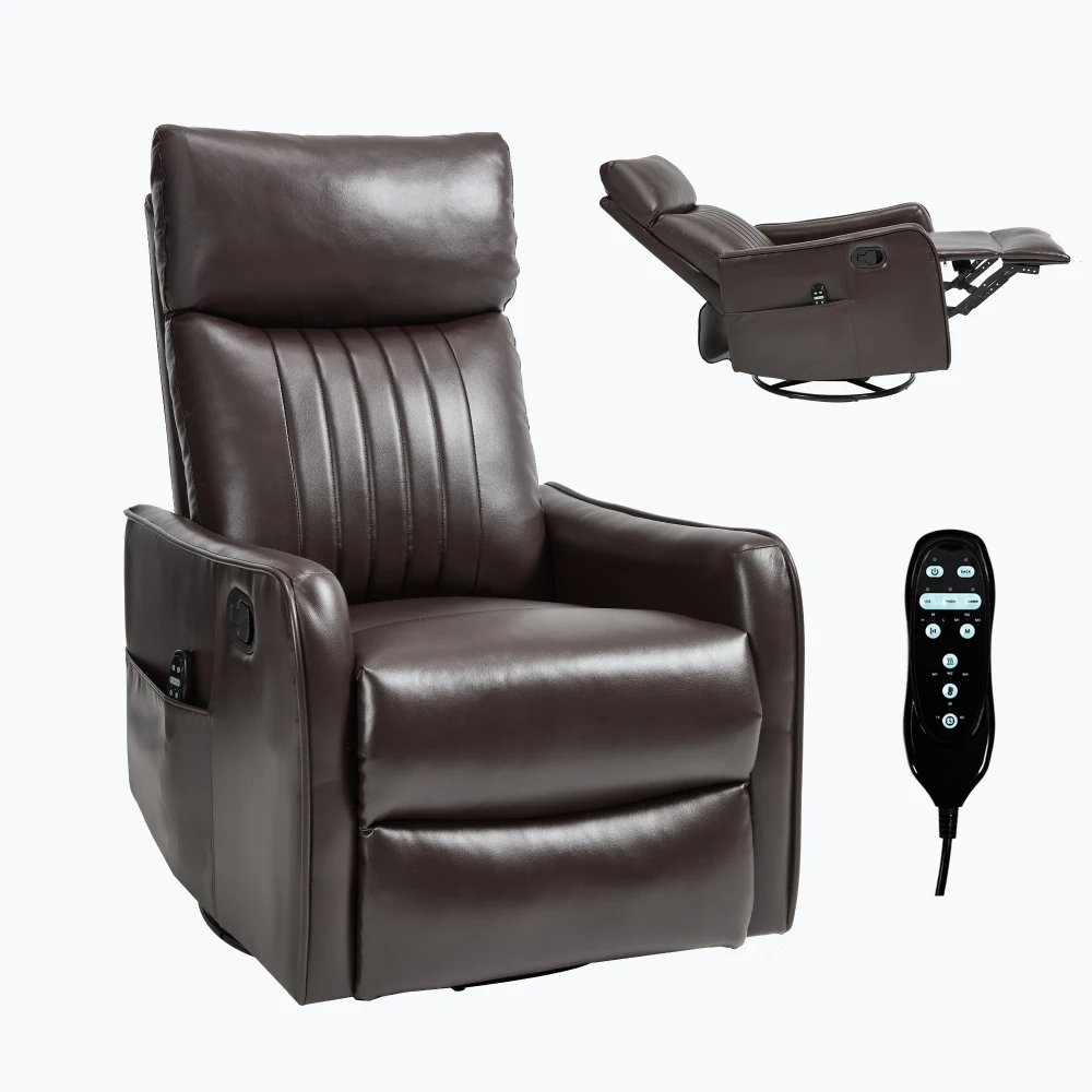 

Brown Faux Leather Heat Massage Manual Recliner Chair with Rocker and Swivel for Living Room