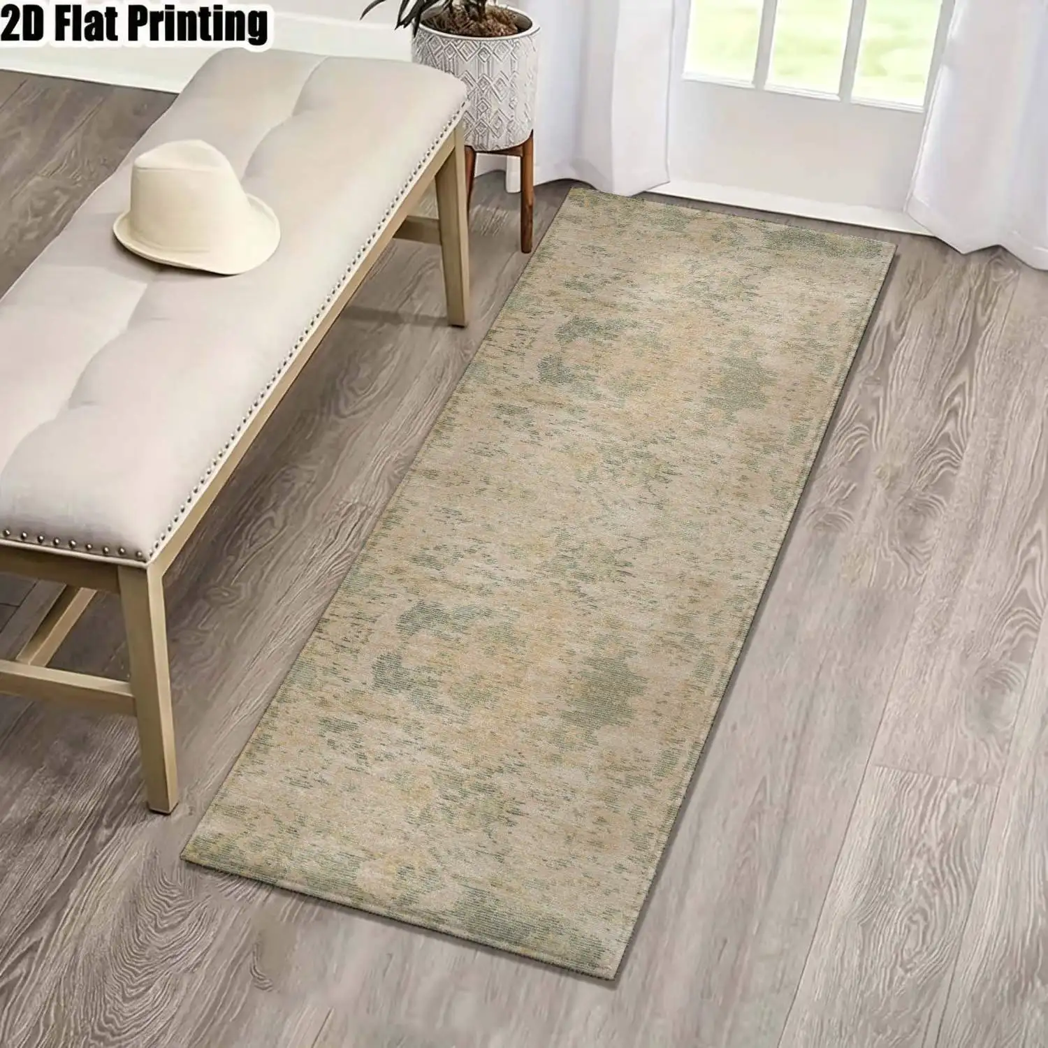 1Pc 2D Printed Long-Strip Running Track Carpet: Beige-Green Retro Floral Nordic/Instagram/Modern Minimalist/European Style, Machine Washable, Multi-Size, for Home Entrance, Hallway, Living Room, Bedroom Decor