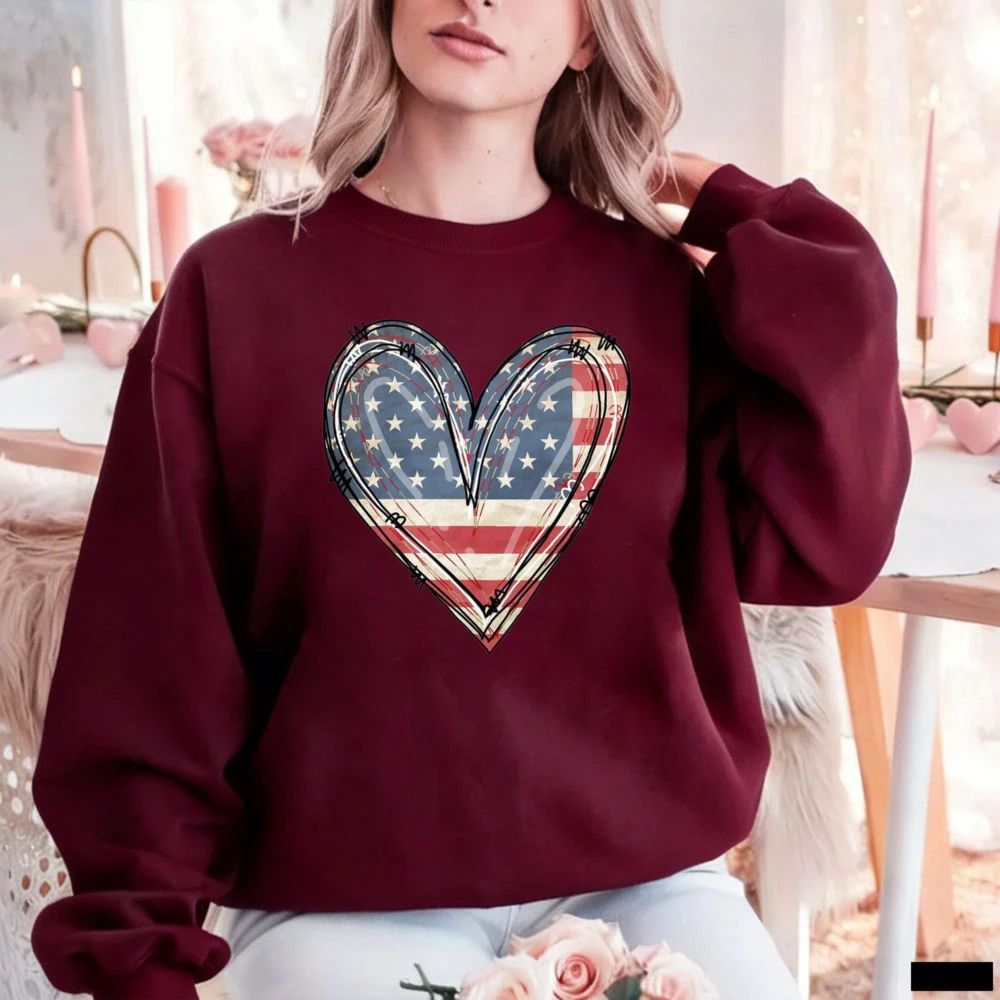 

Женская осенне-зимняя толстовка с американским флагом и сердцем, патриотическая, ко Дню независимости США (4 июля), с длинным рукавом, теплая, в комплекте с худи