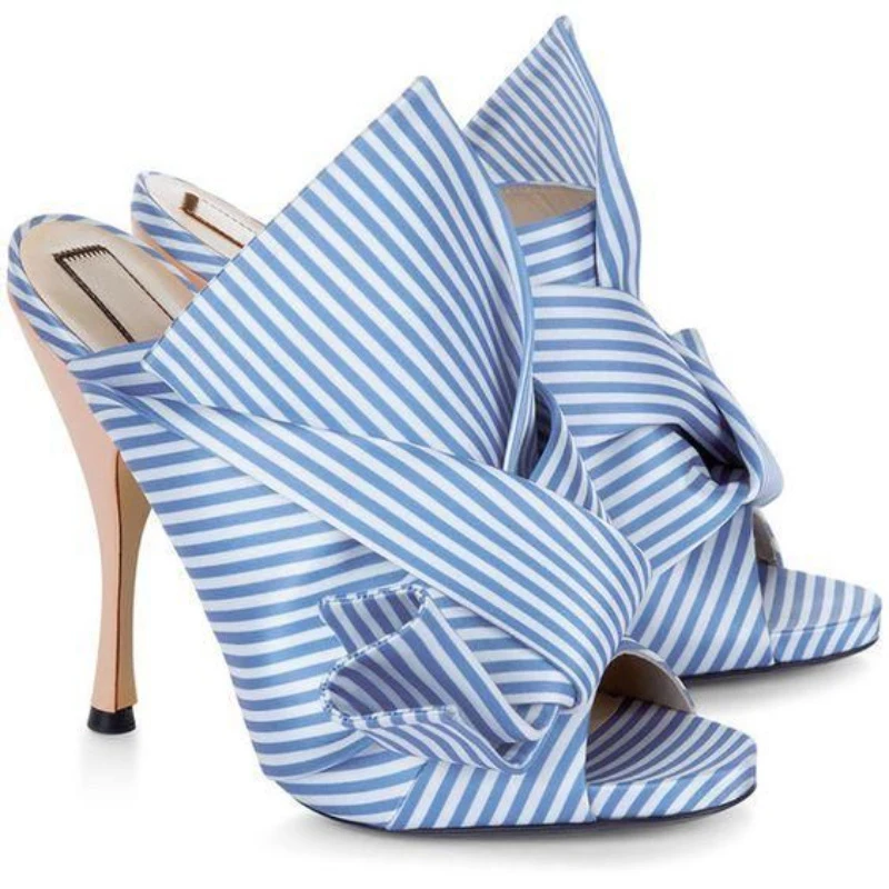 Summer Pure Color Satin Bow Knot Open Toe Slippers Brand 10cm High Heels Sexy Women Sandals Rose Red Green Girl Shoes Size 34-44