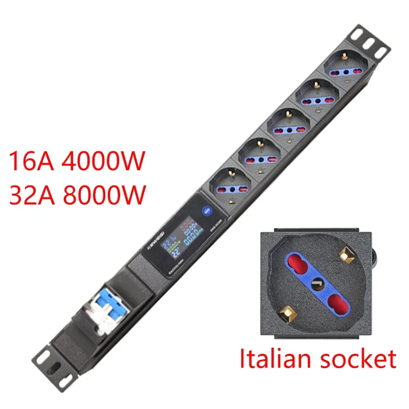 

Italian PDU Power Strip Distribution Unit 2-7 Ways Italian Socket with Digital Voltmeter Ammeter Wattmeter 16/32A 4000/8000W