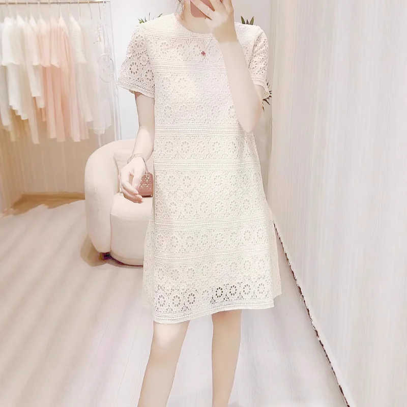 

Fashion Simple White Lace Dress Women's Summer Dress New Sweet Loose Fashion French Short Sleeve Office Lady Dress
