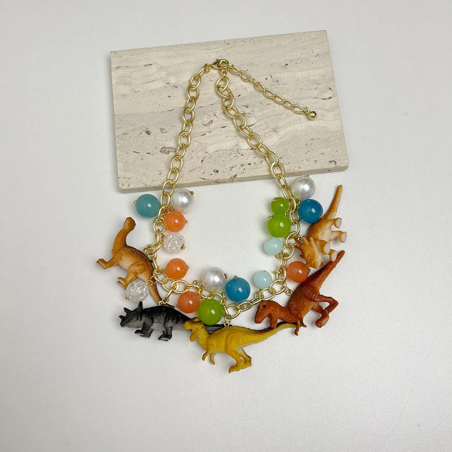 Exaggerated Dinosaur Pendant Necklace for Women Acrylic Beads Metal Chain Choker Beach Party Jewelry