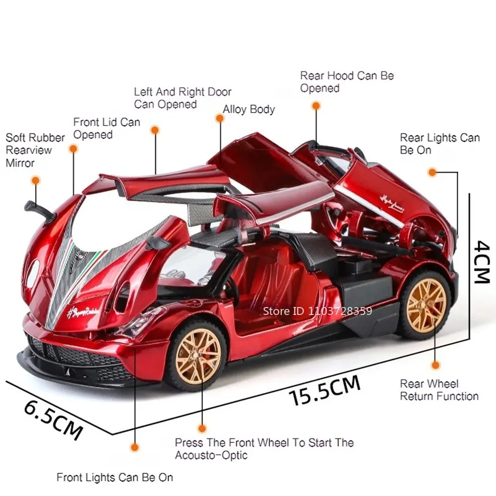 1:32 PAGANI HUAYRA R BC Model Toy Supercars Alloy Diecast Sound Light Doors Opened Pull Back Simulation Sports Cars Kids Gifts