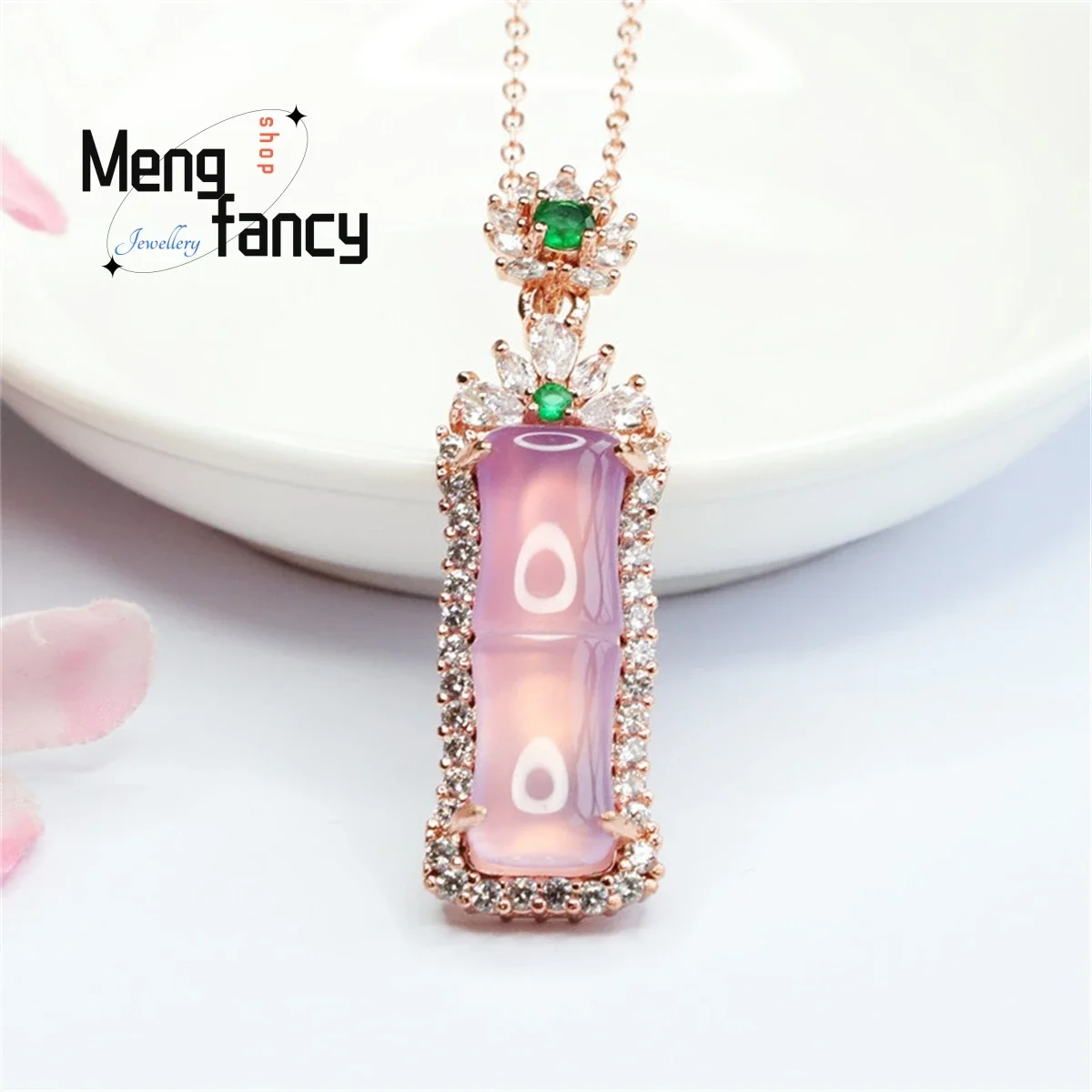 Natural Powder Chalcedony Agate Bamboo Pendant Necklace Simple Exquisite Fashion Personality Sweet Romantic Luxury Women Style