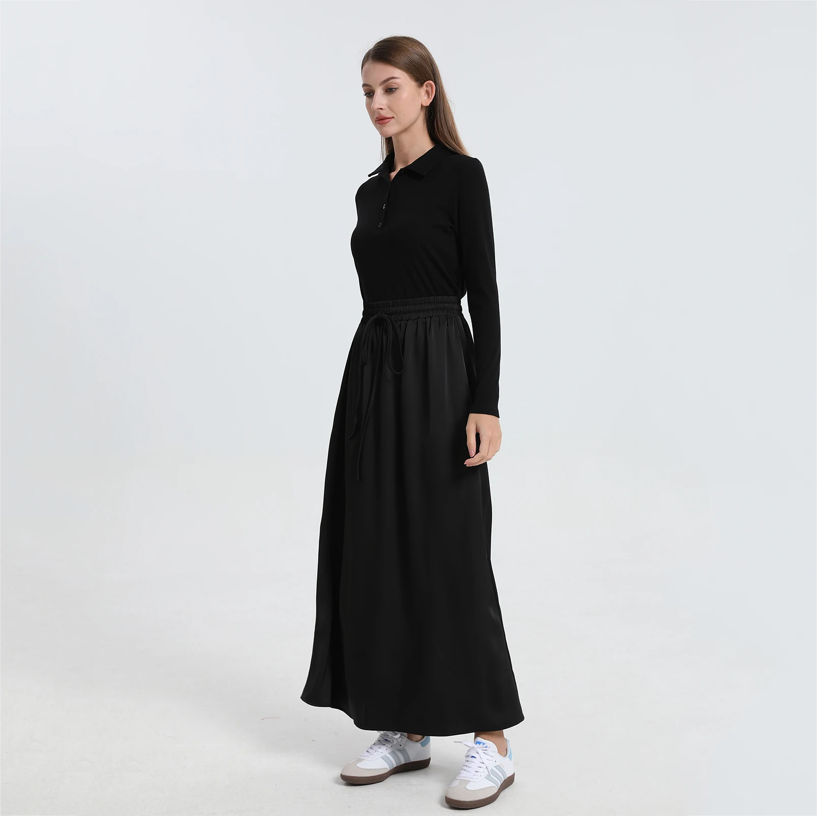 I-2024-Robe Maxi en Satin Noir pour Femme, Jupe à la Mode, Nouvelle Collection Été