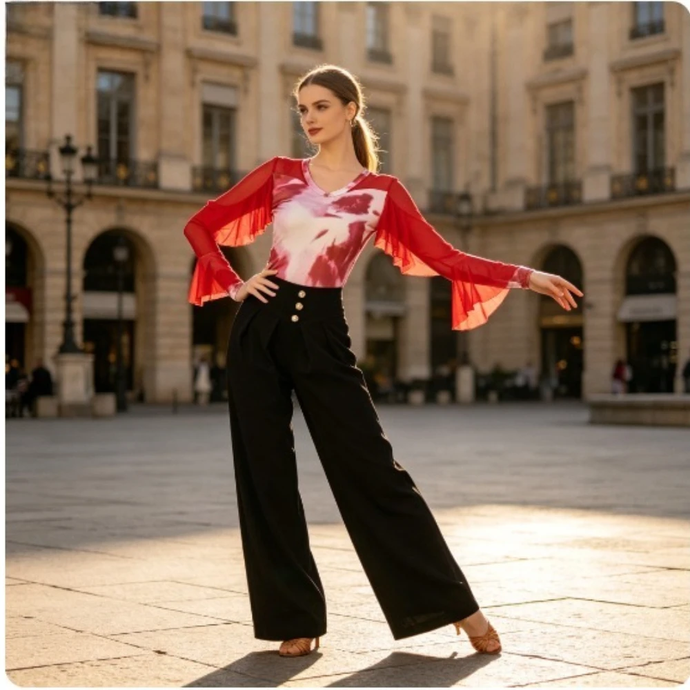 

Printed Long Sleeve Latin Dance Top, New Women Dance Costume, Modern Ballroom Outfit for Training & Latin Dance Competition