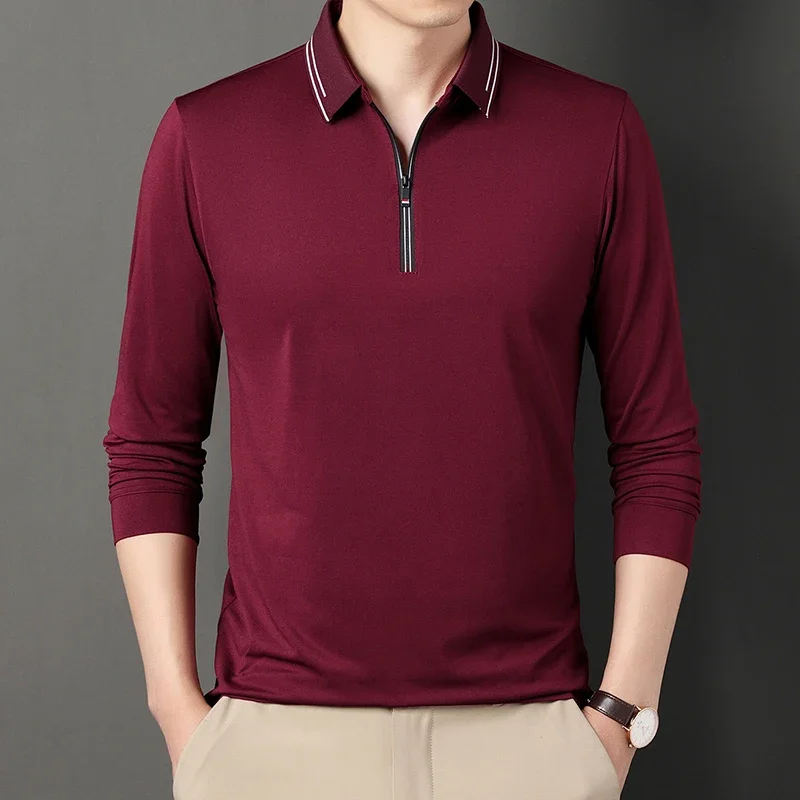 

New Men's Polo Shirt Cotton Long Sleeved Polo Neck T-shirt Zipper Business Casual Loose Size Men's Clothing