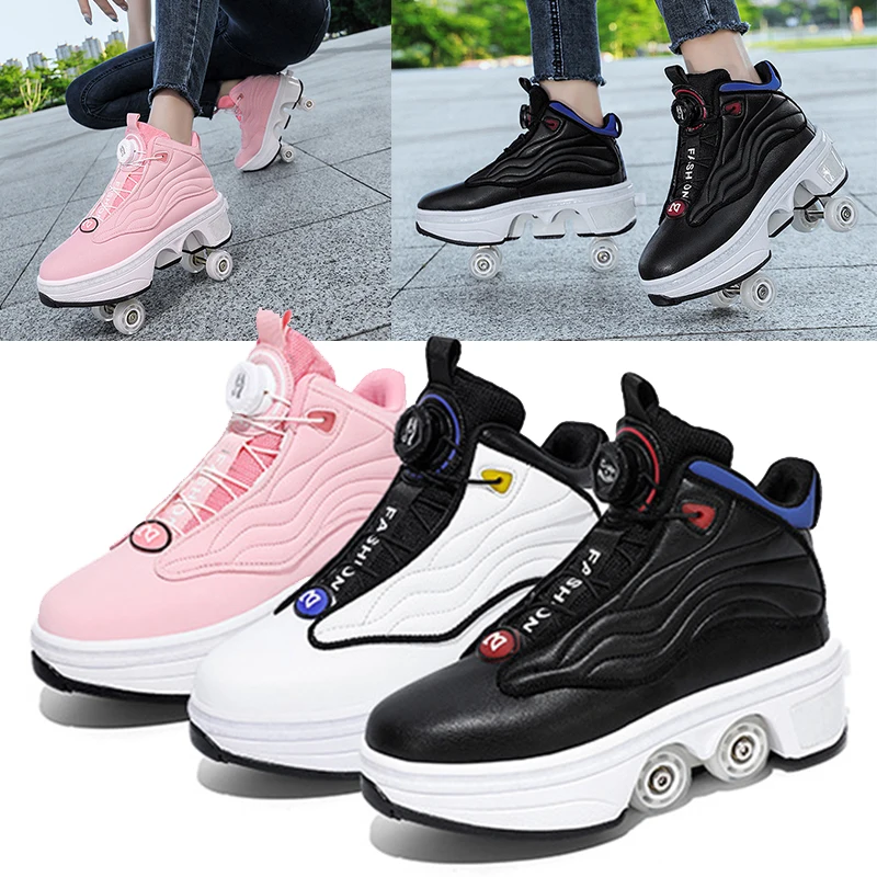 Deformed Roller Skates 4 Wheels Shoes Women'S High Sneakers Double Row Skate Shoes For Boys Girls Parkour Outdoor Skating Sport