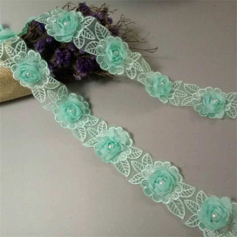 2 Yard Soluble Green Rose Flower Pearl Chiffon Embroidered Lace Trim Ribbon Fabric Handmade Vintage Wedding Dress Sewing Craft