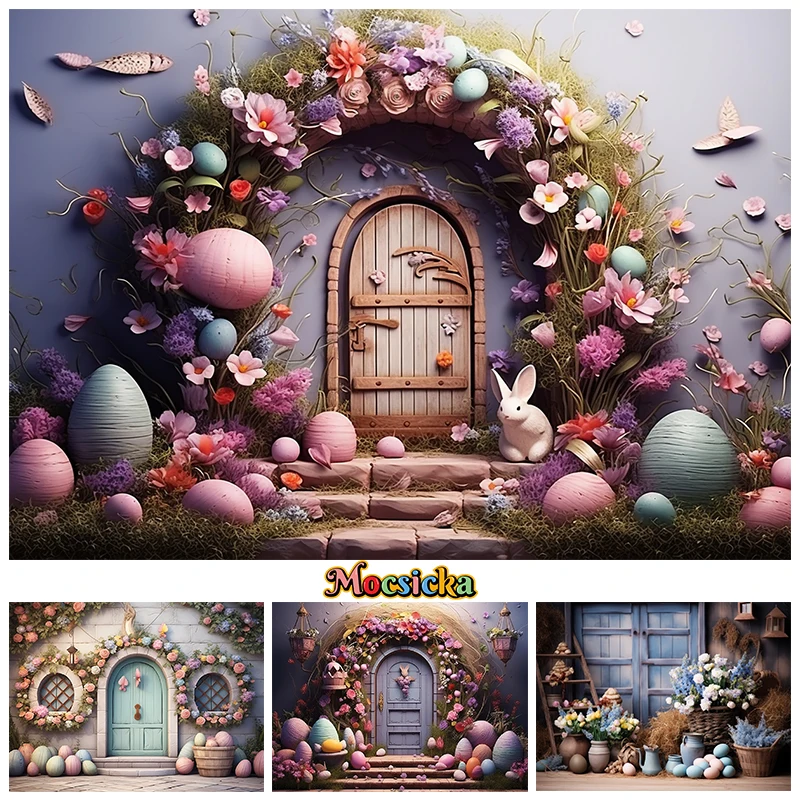 Spring Easter Backdrop For Photography Flower House Door Egg Rabbit Children Birthday Baby Shower Background Decor Photo Studio