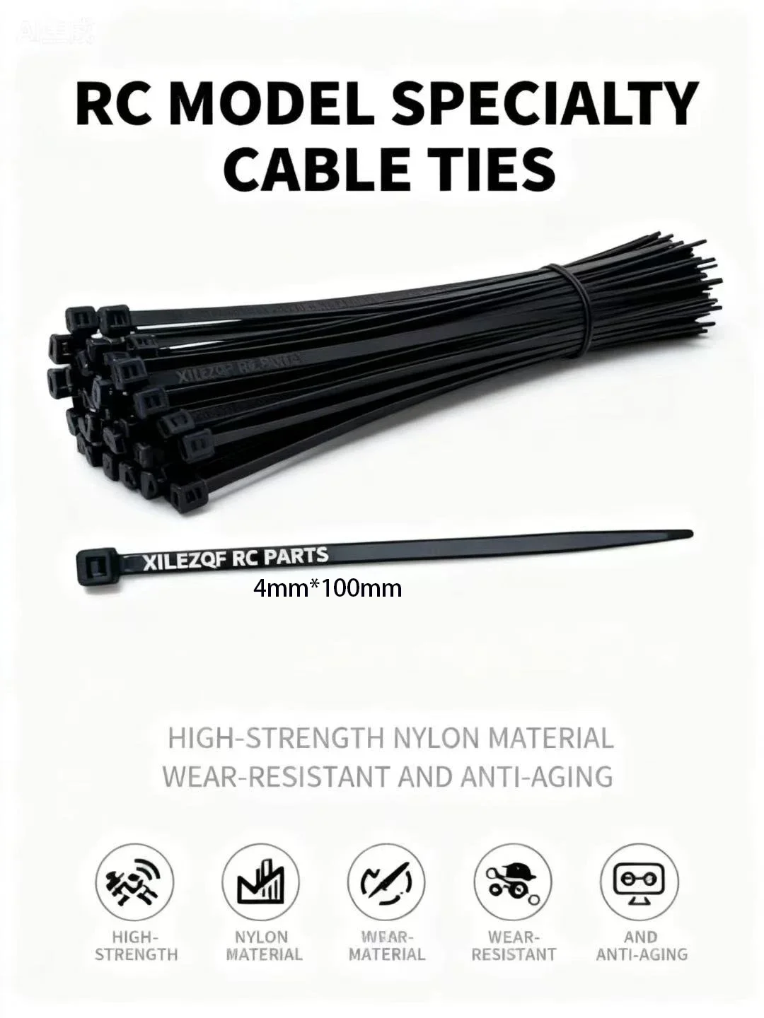 

XILEZQF 10pcs 4x100mm Mini Black Nylon Self-Locking Cable Ties for RC Model, Car, Boat, Drone