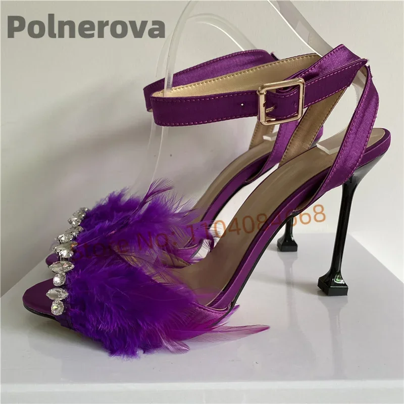 

Crystal Feather Slingback Sandals Women High Heels Pink Purple Satin Shoes Buckle Summer Open Toe Luxury Banquet Wedding Shoes