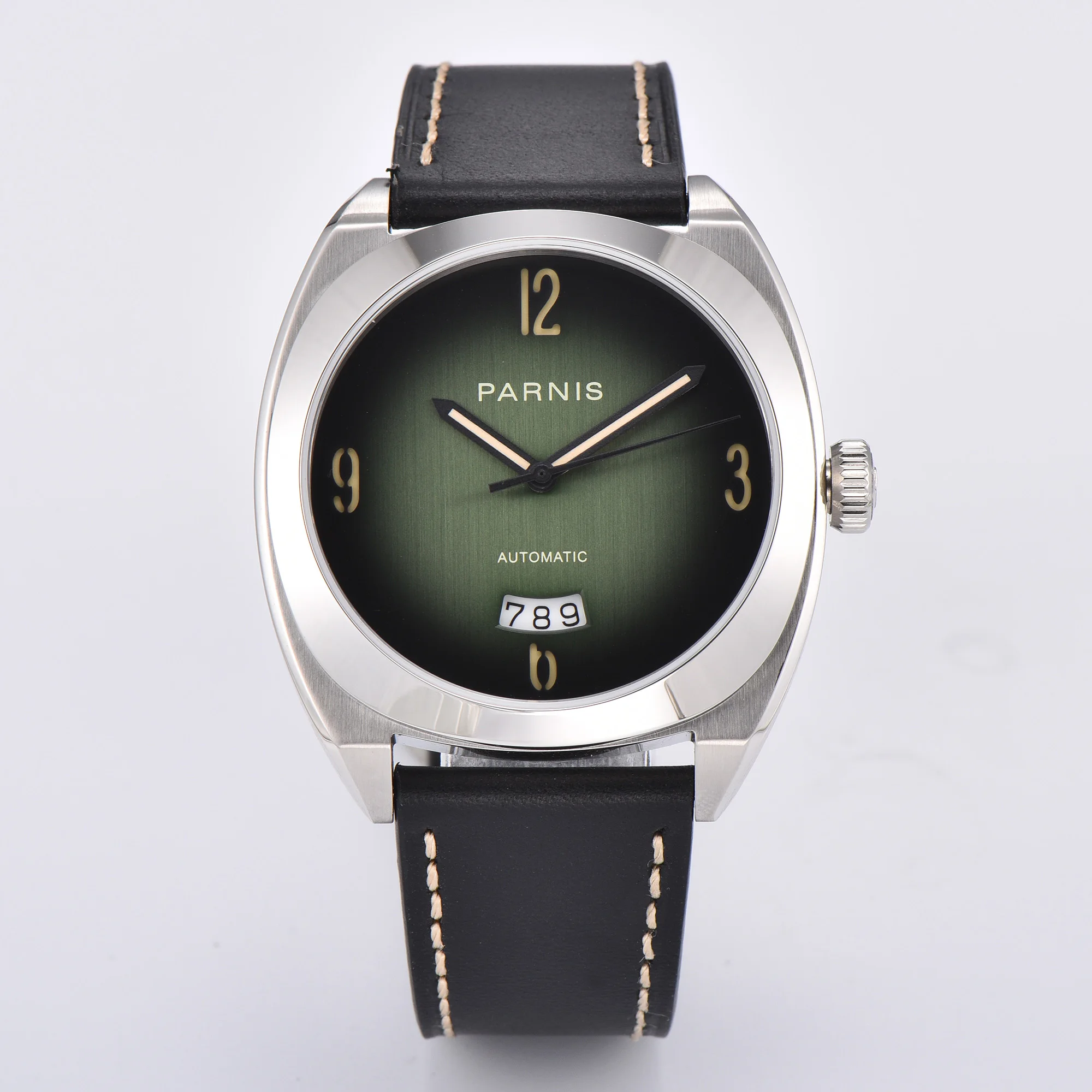 Fashion Parnis 42mm Green Dial Mechanical Automatic Men Watch Calendar Sapphire Crystal Men 5ATM Waterproof Watches reloj hombre