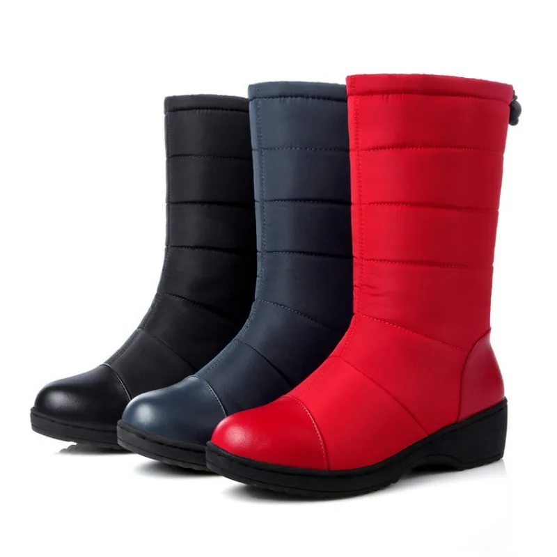 Botas de algodão meio bezerro para mulheres, plataforma para baixo, algodão espacial, salto quadrado, quente, antiderrapante, salto, outono, inverno