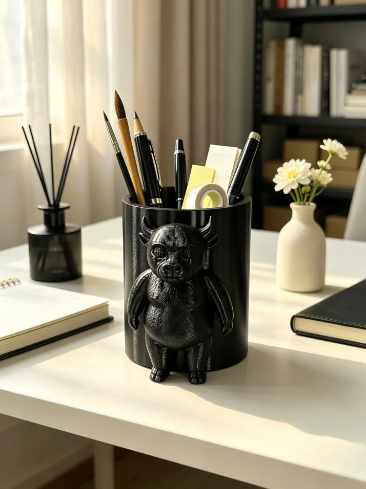 Quirky Devil Cow-Shaped Pen Holder, Gothic Style Horned Monster Desktop Organizer, Matte Black Solid Petg Material Pen Storage Container, Large Capacity Multi-Purpose Stationery Organizer, Stable Base for Smooth Placement, Desktop Decoration for Office, Study Desk, Gaming Desk, Dark Cute and Quirky Monster Style, Gothic Room Decoration Accessory, Novelty Stationery, Create an Atmospheric Desktop, Fun Novelty Gift for Friends and Family