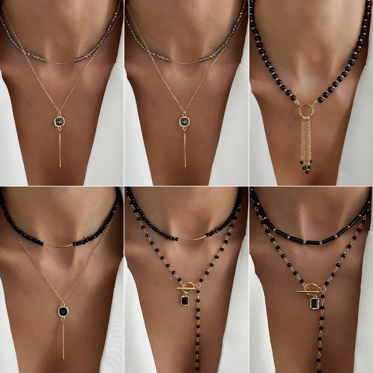 Choker Necklace Black Crystal Beaded Layered with Square Zircon Tassel Adjustable Gold Tone Lightweight Daily Versatile Jewelry