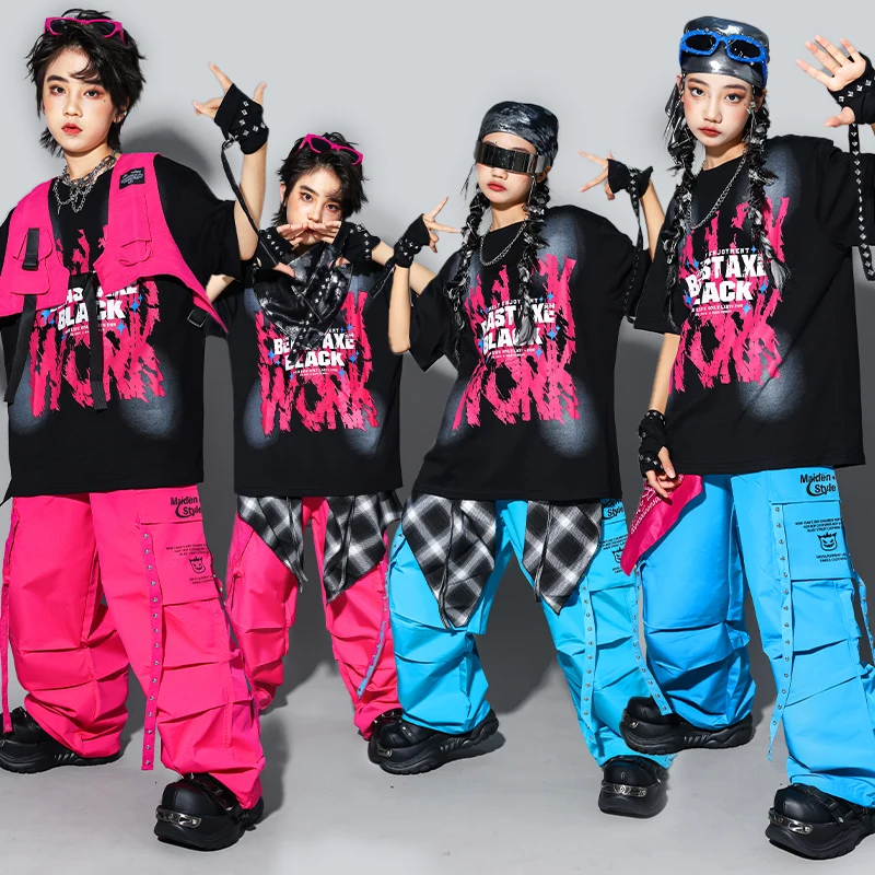 Hip Hop Outfits Jungen Cooles T-shirt Weste Cargo Hosen Mädchen Jazz Street Dance Kostüme Kinder Kleidung Sets Kinder K-pop Streetwear
