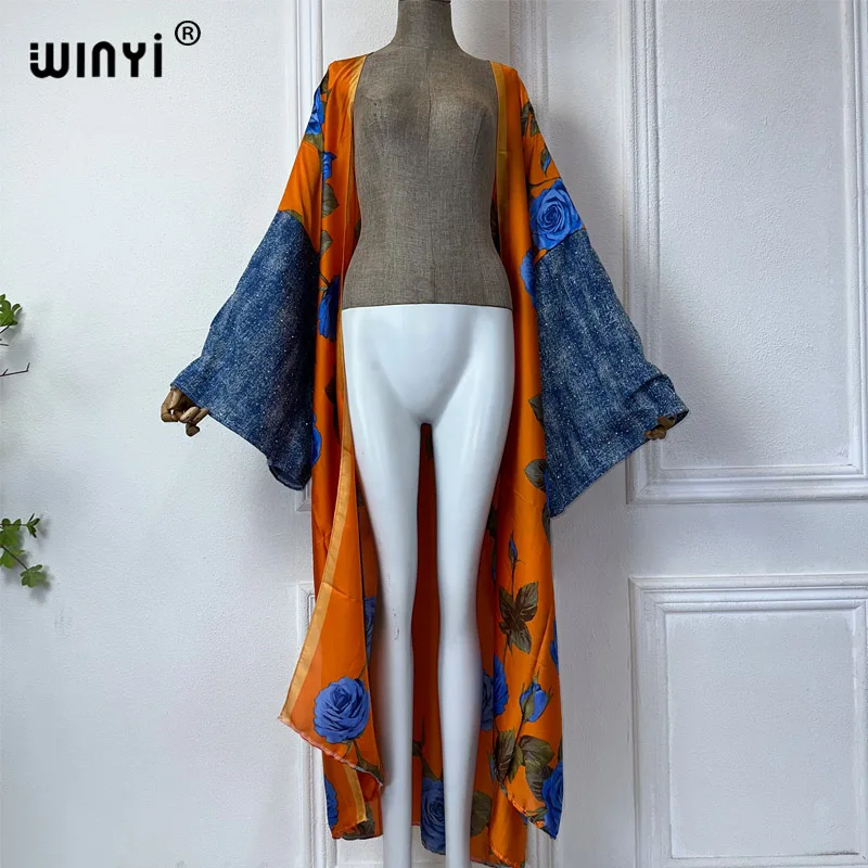 WINYI letnia dżinsowa kardigan kimono z rękawem dla kobiet elegancka sukienka kimono długi płaszcz maxi otwierana abaya