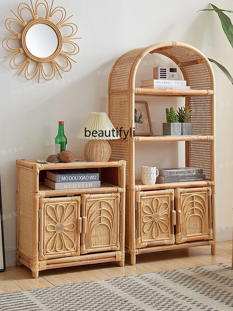 Rattan Small Storage Cabinet Real Rattan Woven Living Room Side Cabinet Retro Storage Bookshelf Storage Korean  Artistic Style