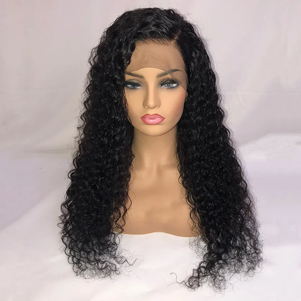 Peluca rizada de encaje frontal para mujer, pelo de bebé suave, 180de densidad, 26 largos, negro Natural, prearrancado, resistente al calor, sin pegamento, peluca diaria