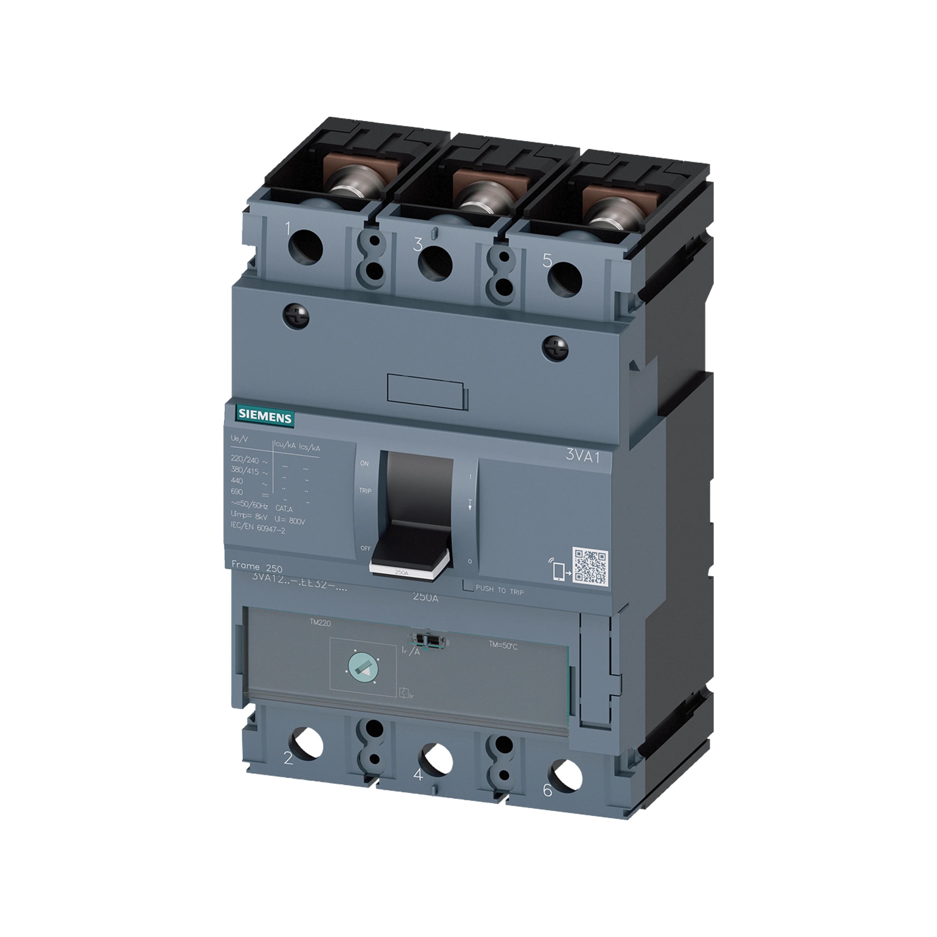 Circuit breaker 3VA1 IEC frame 250 on-off capability class S Icu=36 kA 415 V 3-pole 3VA1220-4EE32-0AA0 for