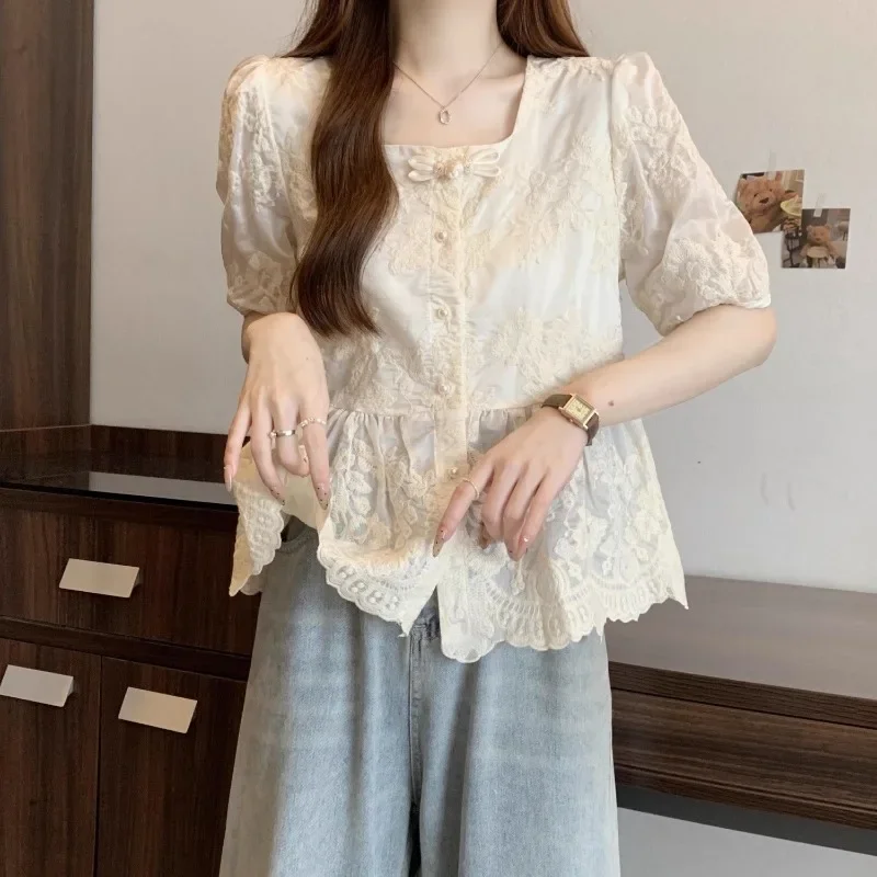 National Customs Dial Buckle Temperament Square Collar Lace Embroidery Summertime 2024New Western Style Blouse Short Sleeve