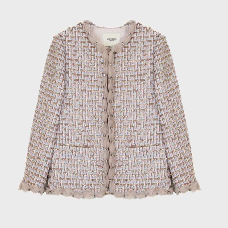 

High Quality Luxury Fragrance Plaid Tweed Spliced ​​yarn Pleated Rhinestone Lace Sweet Vintage Three Quarter Sleeve Women's Coat