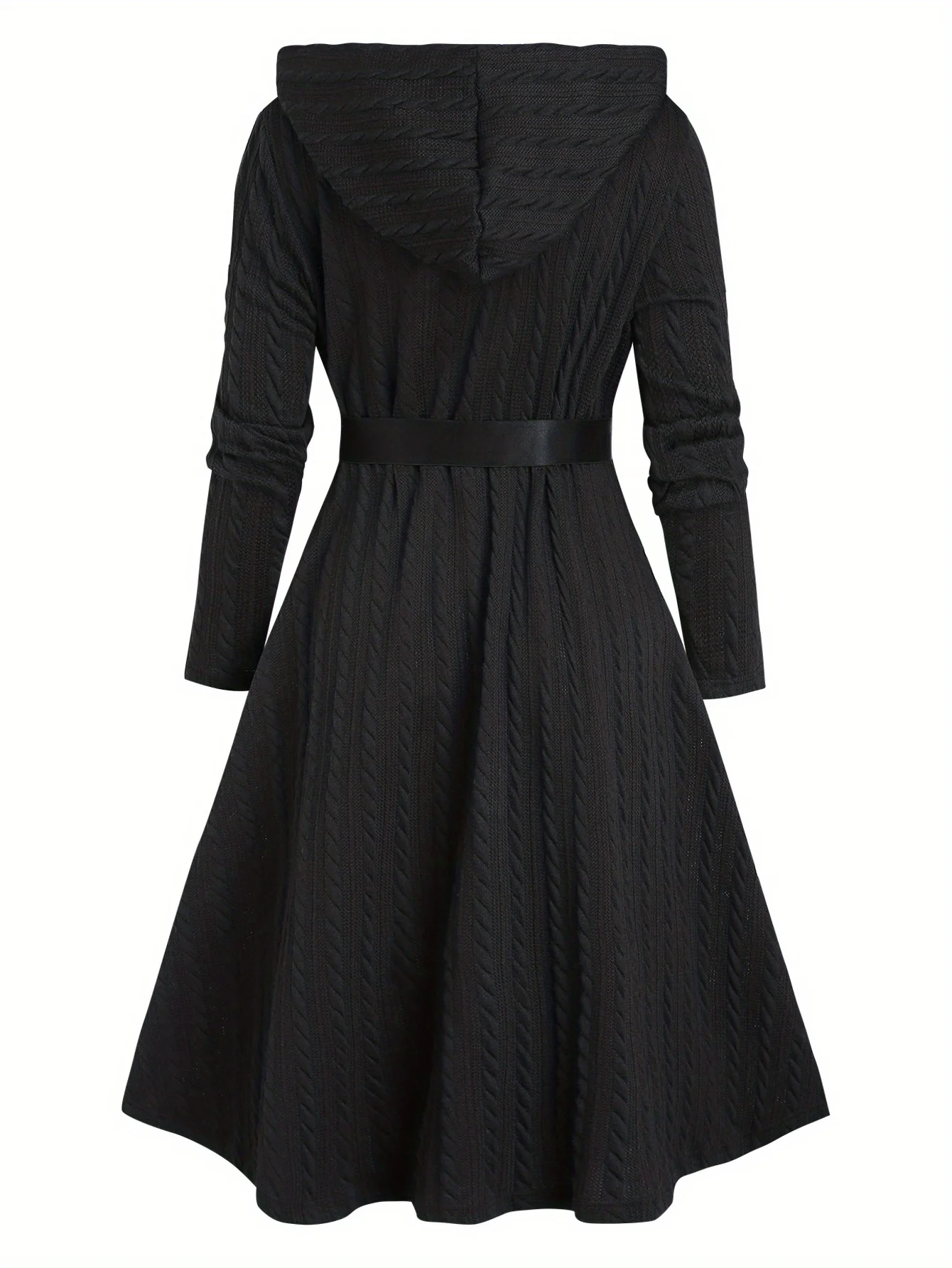 معطف نسائي أوروبي وأمريكي كبير الحجم بسحاب كامل محبوك بلون سادة مع غطاء للرأس وأكمام طويلة مع مروحة- #2