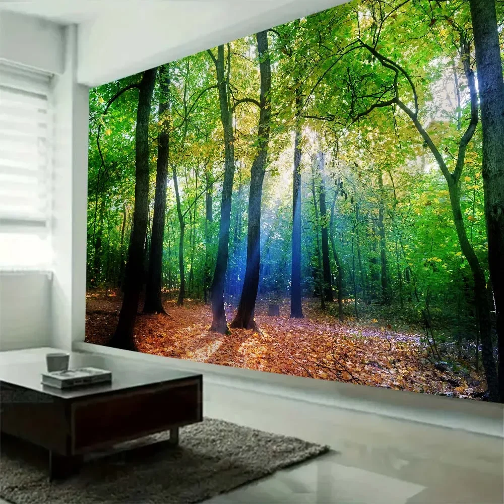Green Forest Tapestry with Sunshine Natural Landscape Wall Hanging Mural Decoration for Bedroom Living Room Background Poster