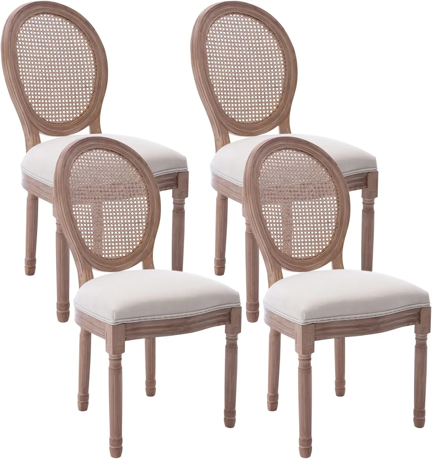 French Dining Chairs Set of 4, Rattan Farmhouse Upholstered Dining Chairs with Curved Backrest and Beautifully Carved Solid