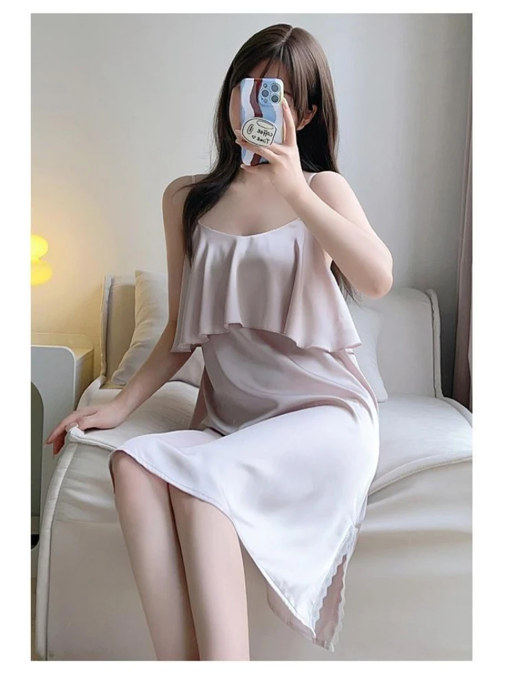 150kg Plus Size Home Dress Women Summer Thin Ice Silk Sleeveless Loungewear Suspenders Mid Length Nightgown Loose Sleepdress 3XL