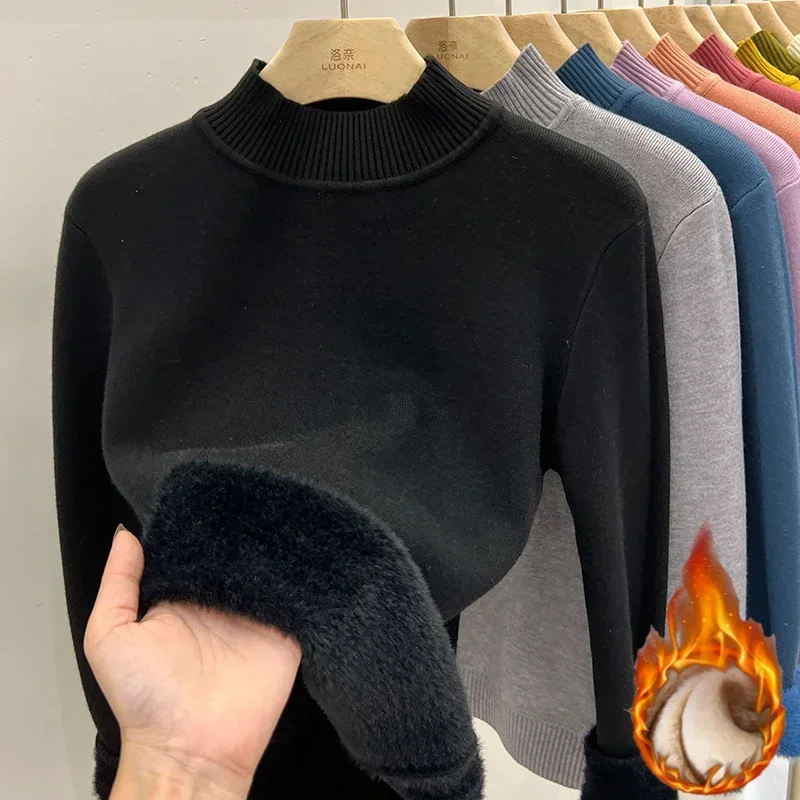 Winter Turtleneck Sweater Knitwear Women Elegant Thicken Velvet Lined Warm Sweaters Knitted Pullover Slim Tops Jersey Jumper New