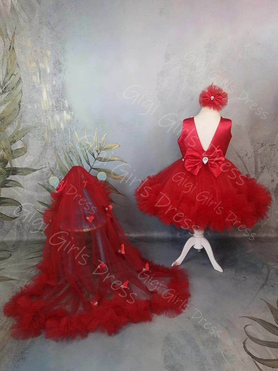 Red Satin Tulle Flower Girl Dress with Rhinestones/ Bow 3D Butterfly Train Birthday Dress 2-14 Kids Custom Wedding Party Gown