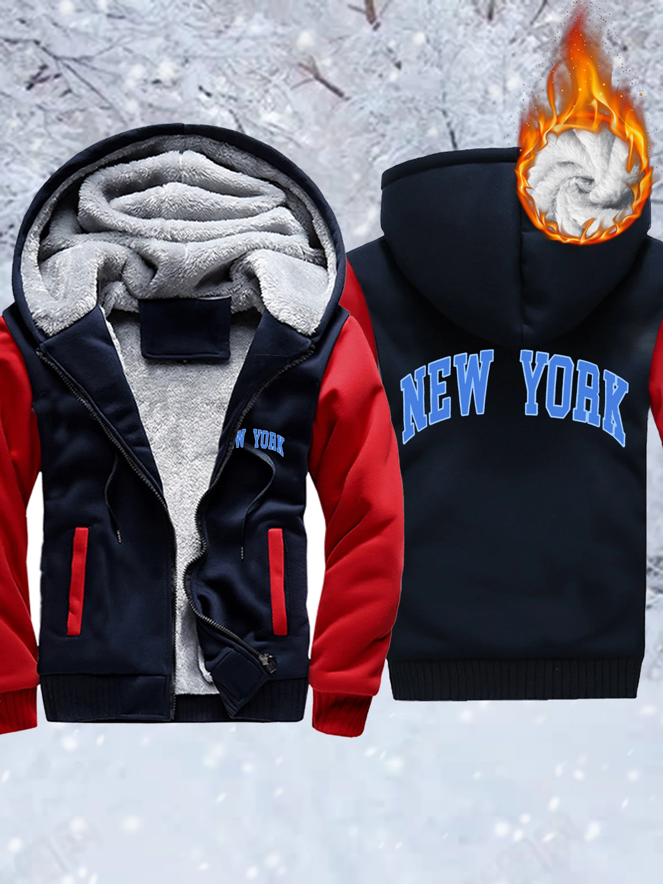 

New York Letter Blue Prints Mens Fleece Pocket Jackets Thicken Comfy Hoodie Winter Zip-Up Outwear Warm Basics Coat Street Top