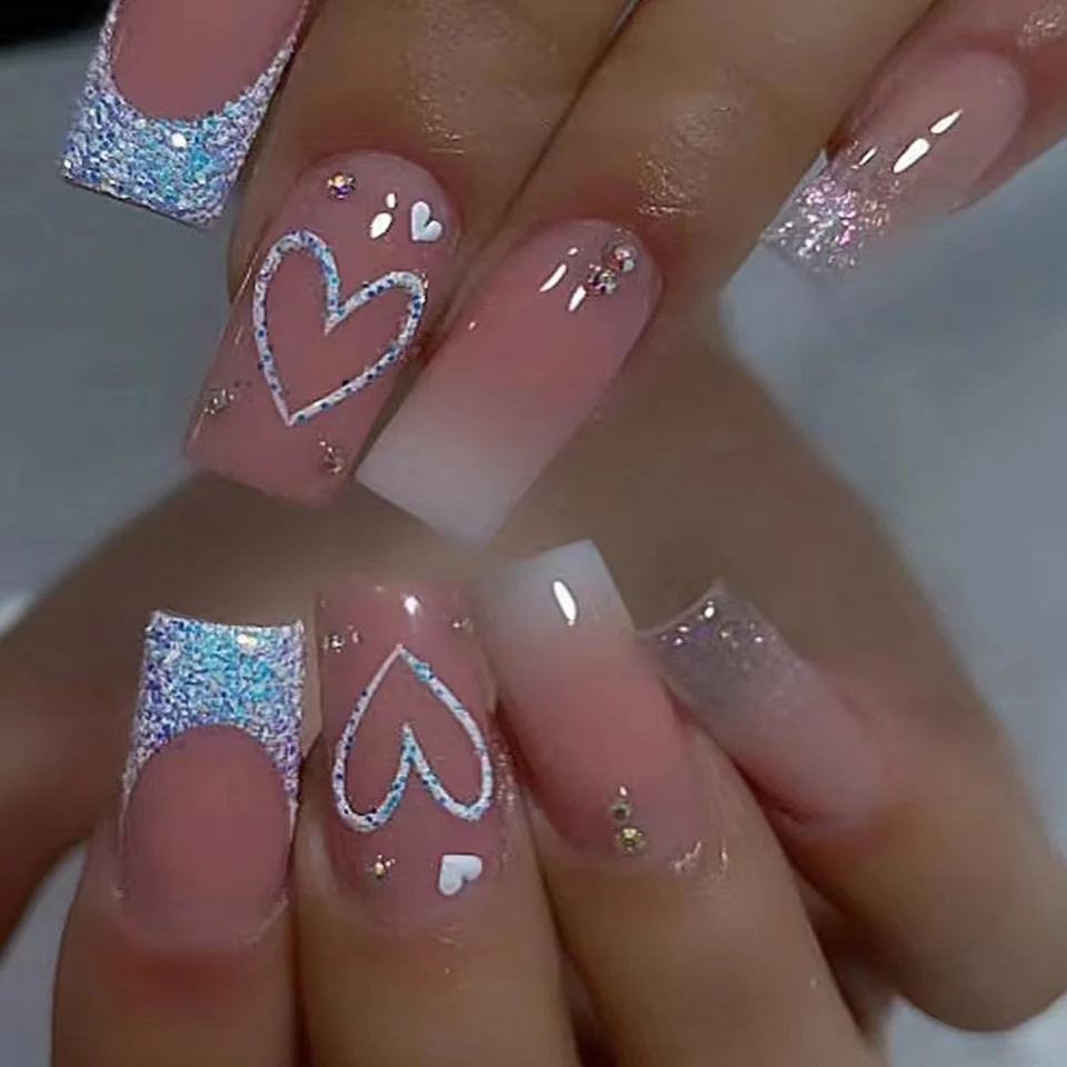 24 piezas de uñas postizas cortas francesas con degradado y corazones, incluye 1 gel jelly y 1 lima, regalo para chicas, madres y mujeres