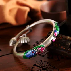 925 Silver Bracelet for Women Ethnic Style Koi Lotus Flower Push Pull Bangles Enamel Colorful Classic Glossy Jewelry Gift