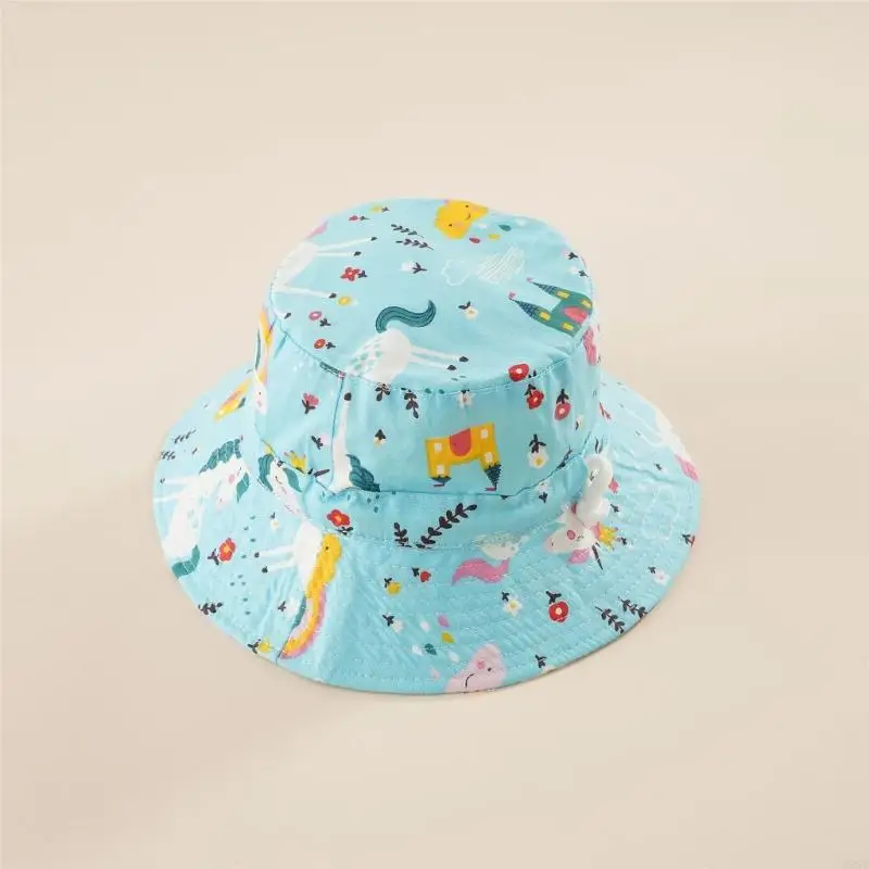 P88B Breathable Cotton Hat Summer Spring Bucket Hat Cartoon Print Fisherman Hat for Toddler Kids Skin Friendly Outdoor Hat