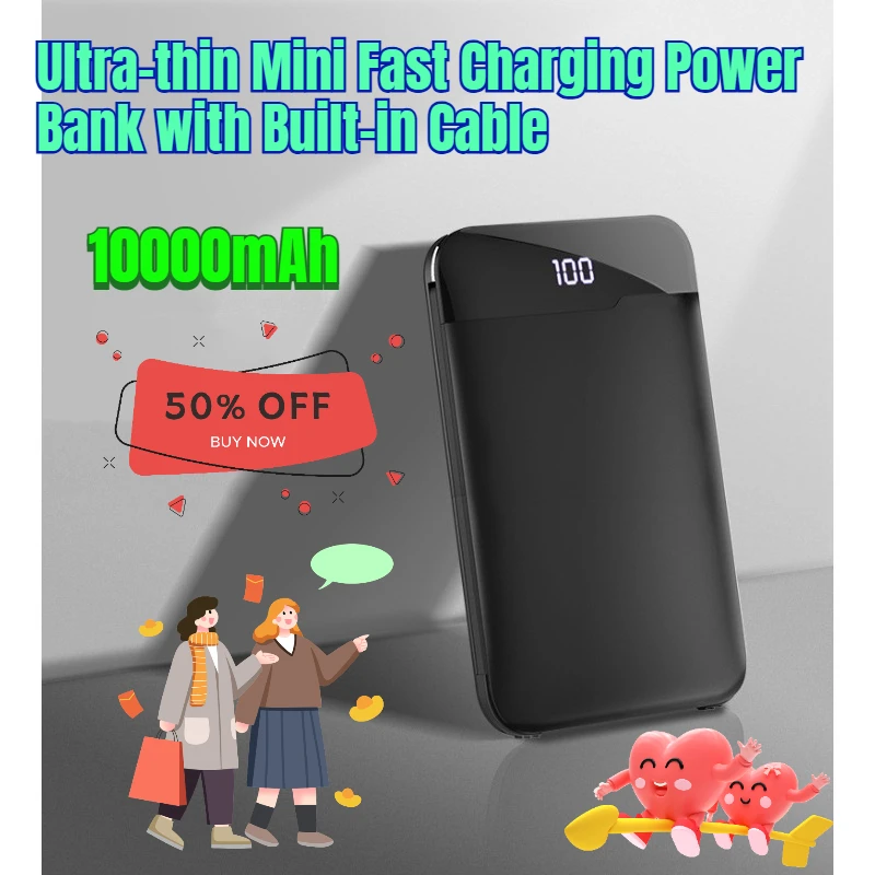 

10000mAh Ultra-thin Mini Fast Charging Power Bank with Built-in Cable