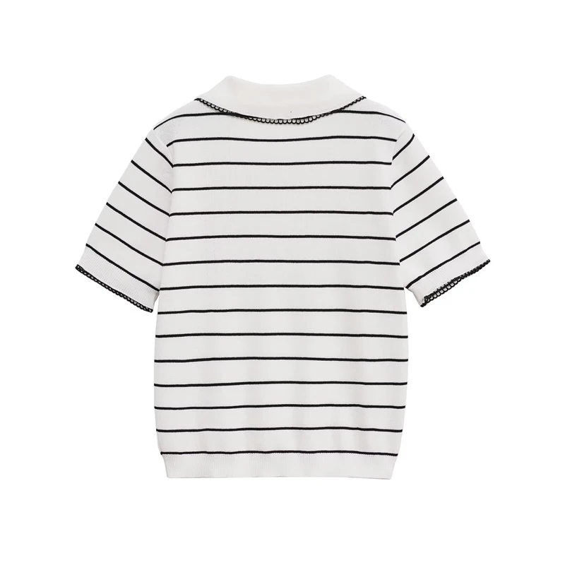 KEYANKETIAN Kerah Wanita Baru Musim Panas dengan Dekorasi Benang Terlihat, Sweter Rajutan Bergaris Lengan Pendek untuk Wanita