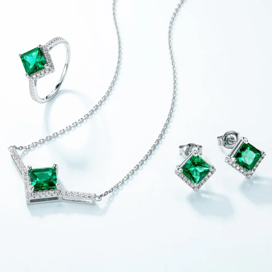 

ALLNOEL 925 Sterling Silver Jewelry Set For Women Square 1ct 6mm*6mm Lab Created Emerald Anniversary Party Gifts Free Shipping