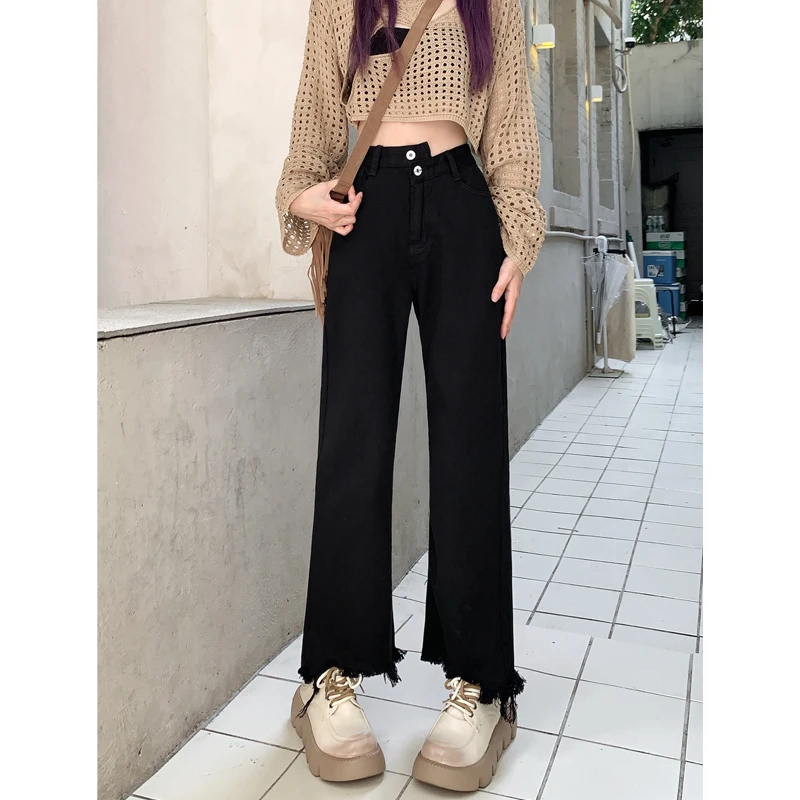 جينز أسود عالي الخصر مستقيم الساق للنساء الكمثرى ربيع 2025 جديد Sle بنطال ذو قصة أرجل واسعة مزيج القطن المضاد للتجاعيد