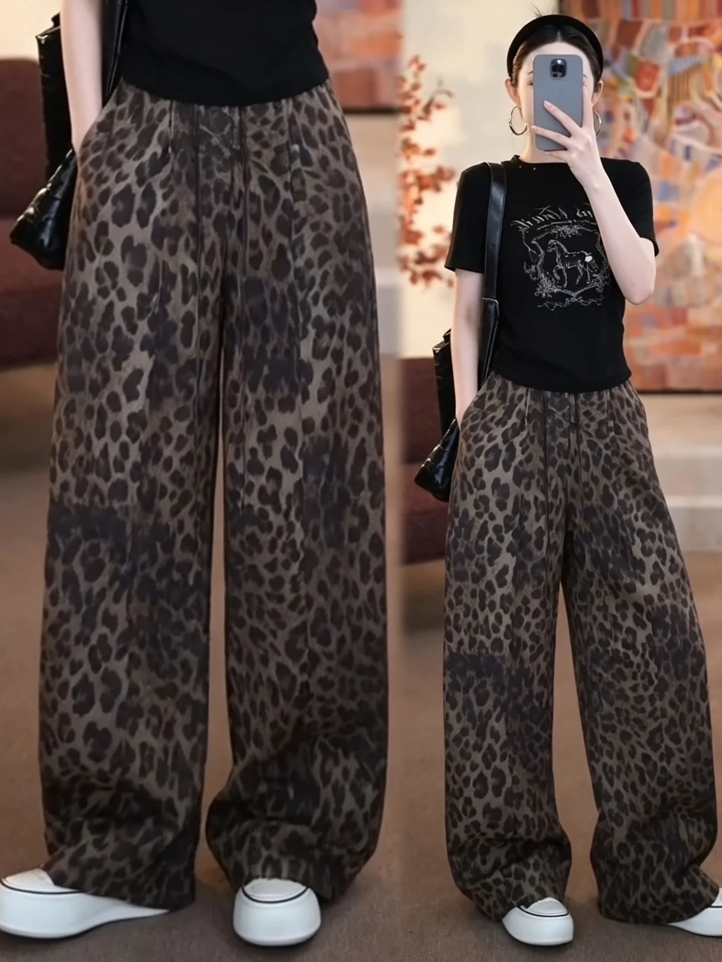 

Summer Thin High Waist Loose Casual Wide Leg Pants Women's Leopard Print Lyocell Linen Bend Knife Pants Casual Straight Cut
