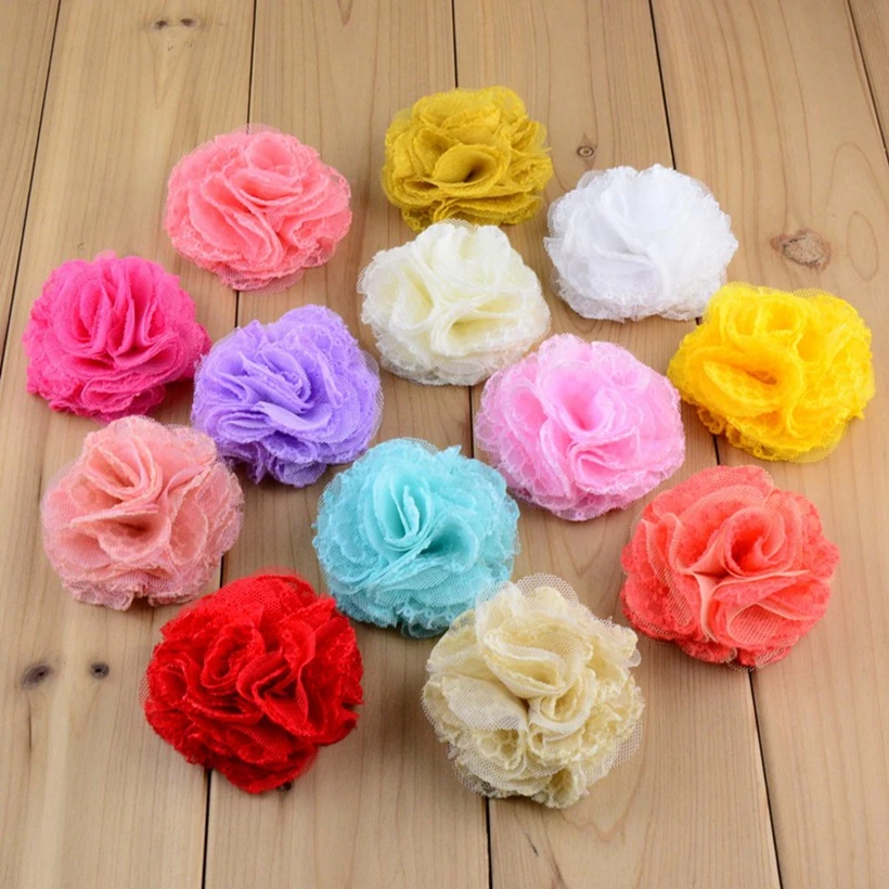 

200pcs/lot 2.8" Chiffon Lace Hair Flowers Kids Boutique Fabric Flowers Bulk For Wedding Hair Accessories For Headband Wholesale