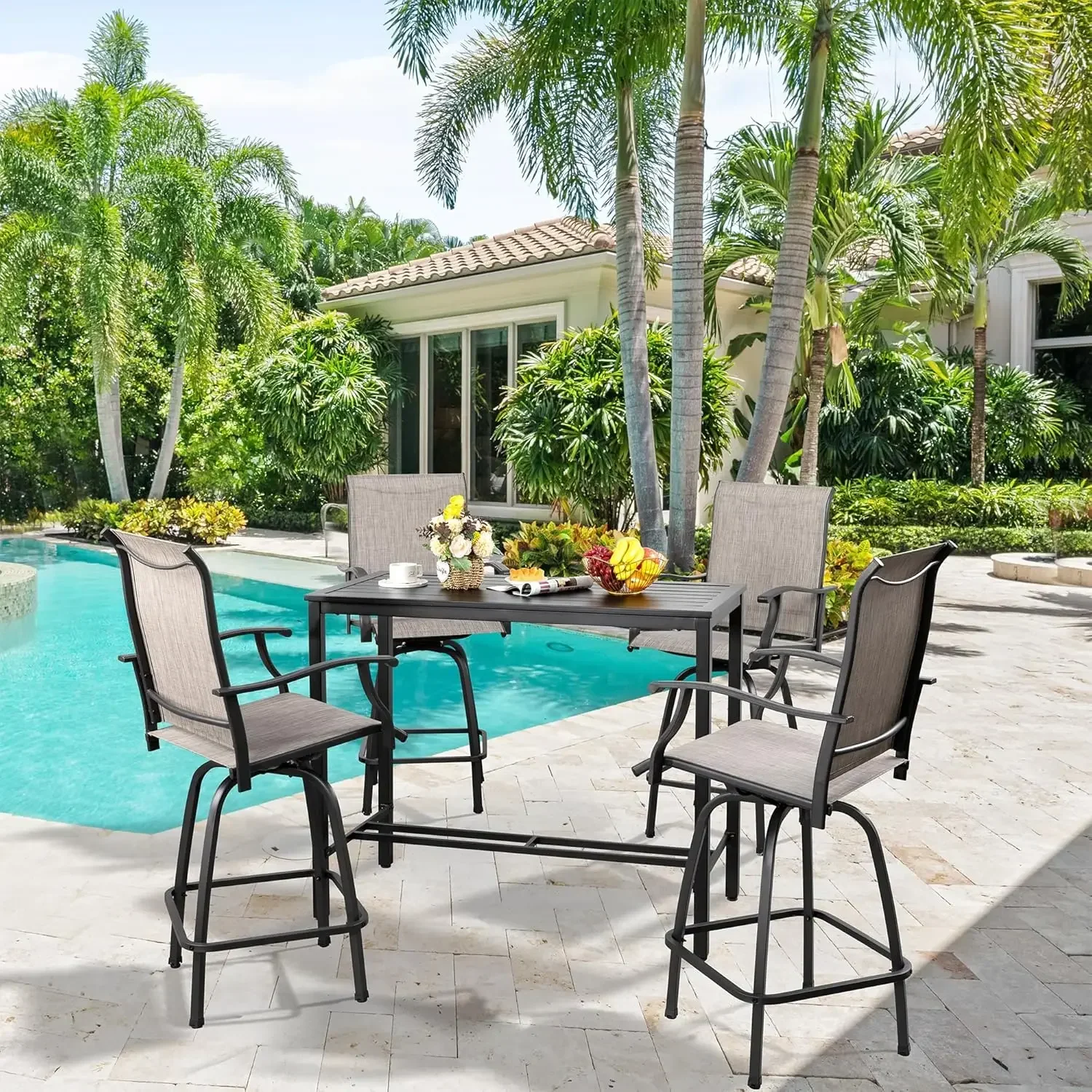 

5 Piece Patio Swivel Bar Set, All Weather Mental Textilene High Swivel , Outdoor High Top Bistro Set for Lawn Garden, Taupe