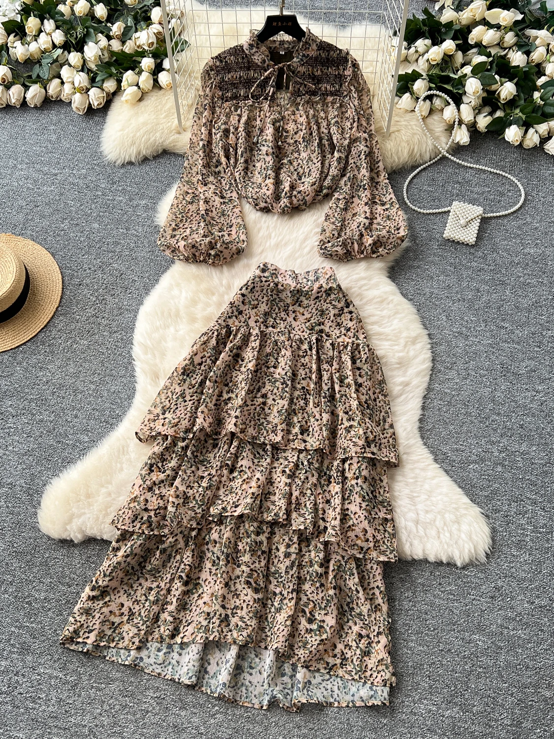 

Retro Print Bubble Sve Tie Ne irt High Waist Slimming Long Cake f Skirt Set Women Summer Faion Two-Piece Suit