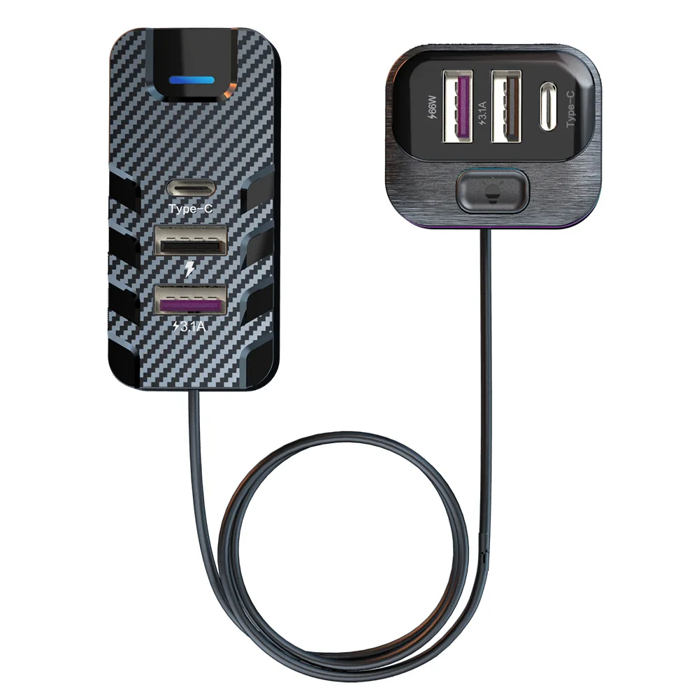 YQ2 66W 6-Port Expansion Car Charger USB Type-C Cable For IPhone Huawei Samsung Fast Charge Cigarette Lighter Adapter PD QC3.0