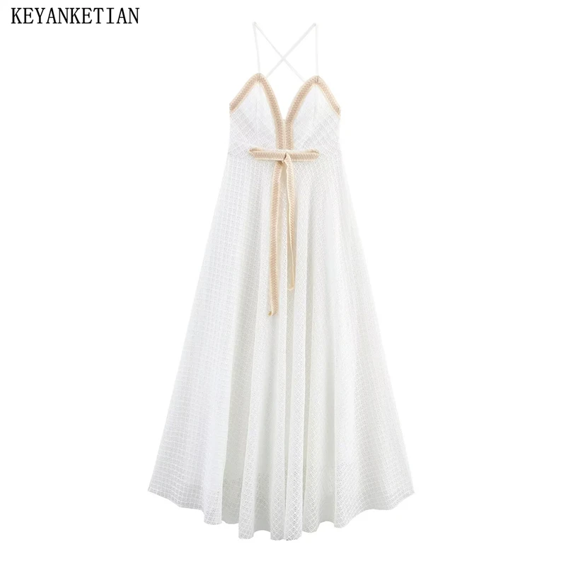 

KEYANKETIAN 2025 Summer New Women's Embroidered Decorated Bow Tie Halter Dress Holiday wind Hollowed-out Crochet MIDI Dresses