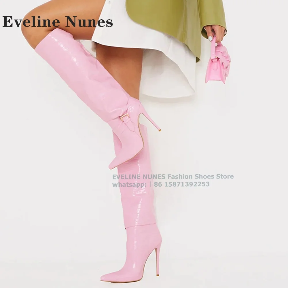 Pink Croc-Effect Buckle Strap Sexy Knee High Boots Pointed Toe Stiletto Patchwork Pull On Big Size Women Western Boots Newest