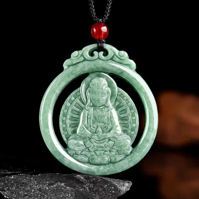 

Myanmar Jade Emerald Green Guanyin Pendant Jadeite Jewelry Men Woman Green Charm Natural Hollow Double-sided Carving Real Amulet